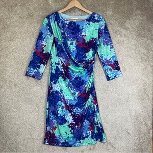 Coldwater Creek Dress Womens 6 Blue Purple Floral 3/4 Sleeve Stretch- 1868*